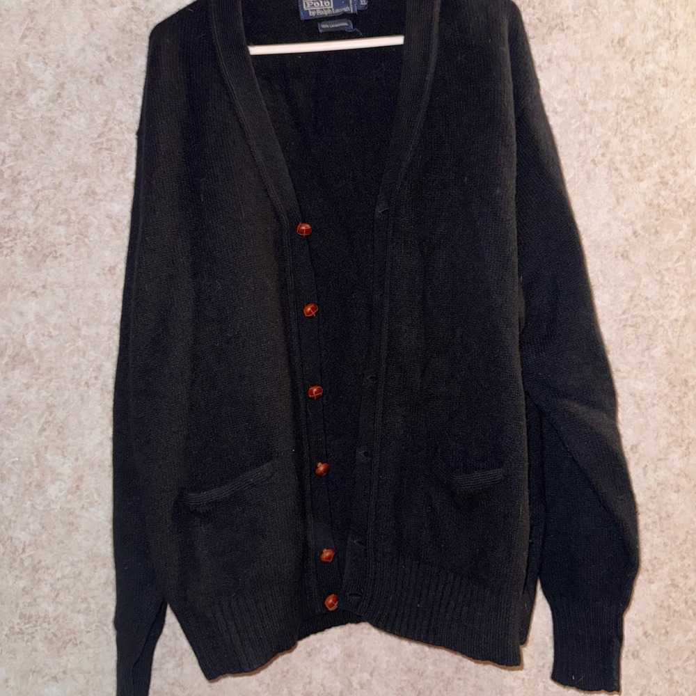 Polo Ralph Lauren Black 100% Lambswool Cardigan Sweater Mens XL V-Neck Vintage